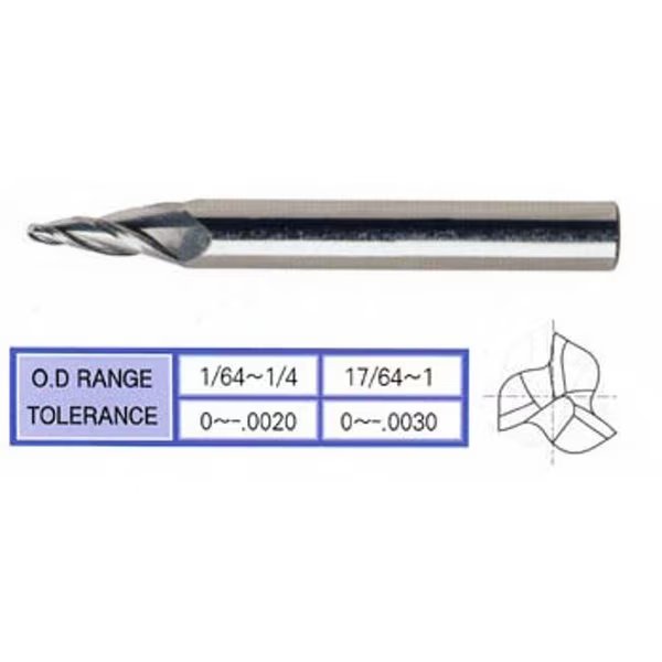 3 Flute Regular Length Ball Nose Tapered Tin Coated Carbide, Yg-1 Tool Co, Mfr#: 88576TN